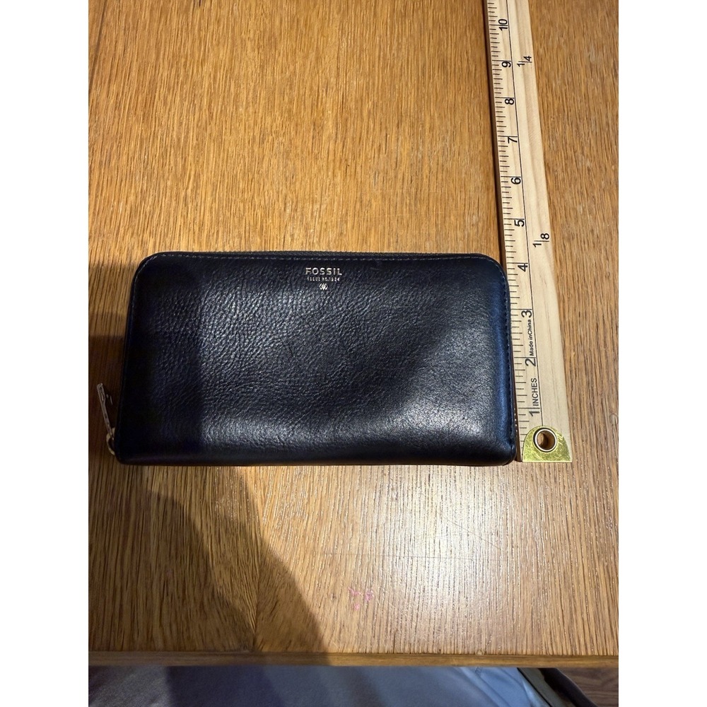 Fossil Black Leather Zip Around Wallet Cowhide Continental Organizer Slim - Picture 9 of 9